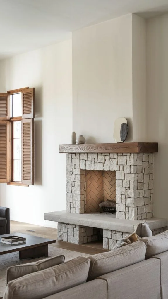 Light stone fireplace with wooden mantel and multi-level hearth
