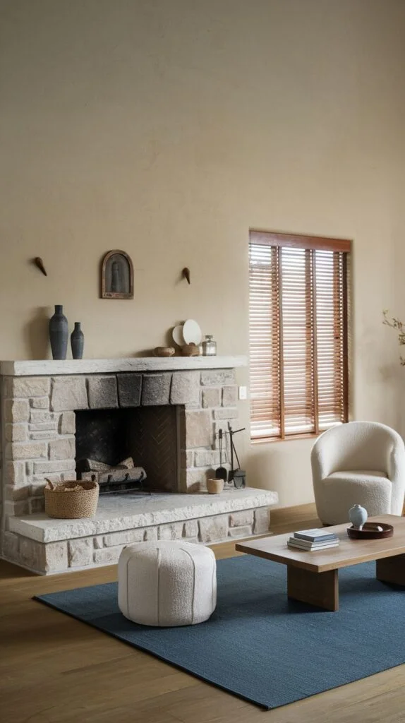 Light stone fireplace with arched opening and large stone hearth