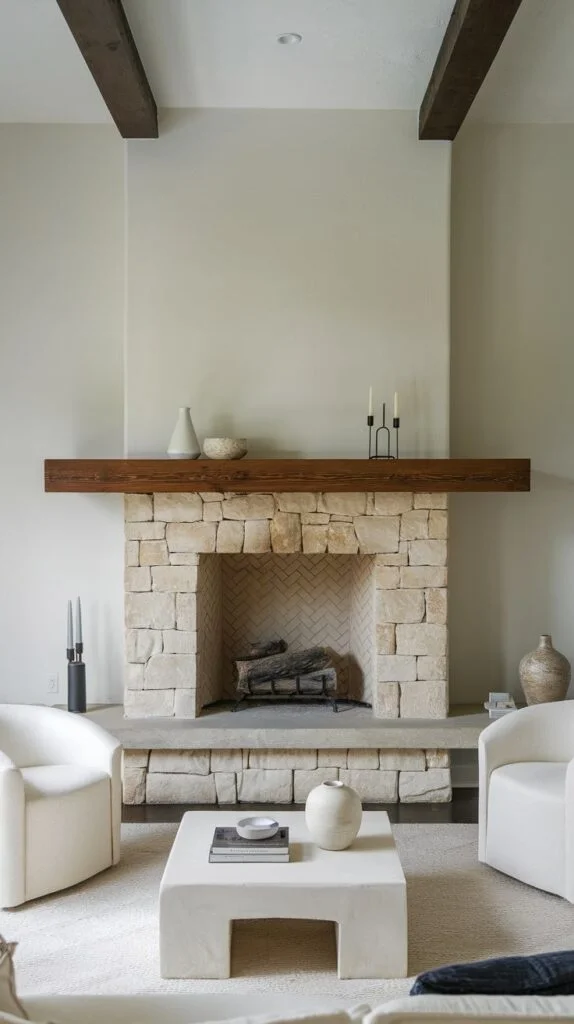 Light stone fireplace with dark wooden mantel and minimalist decor