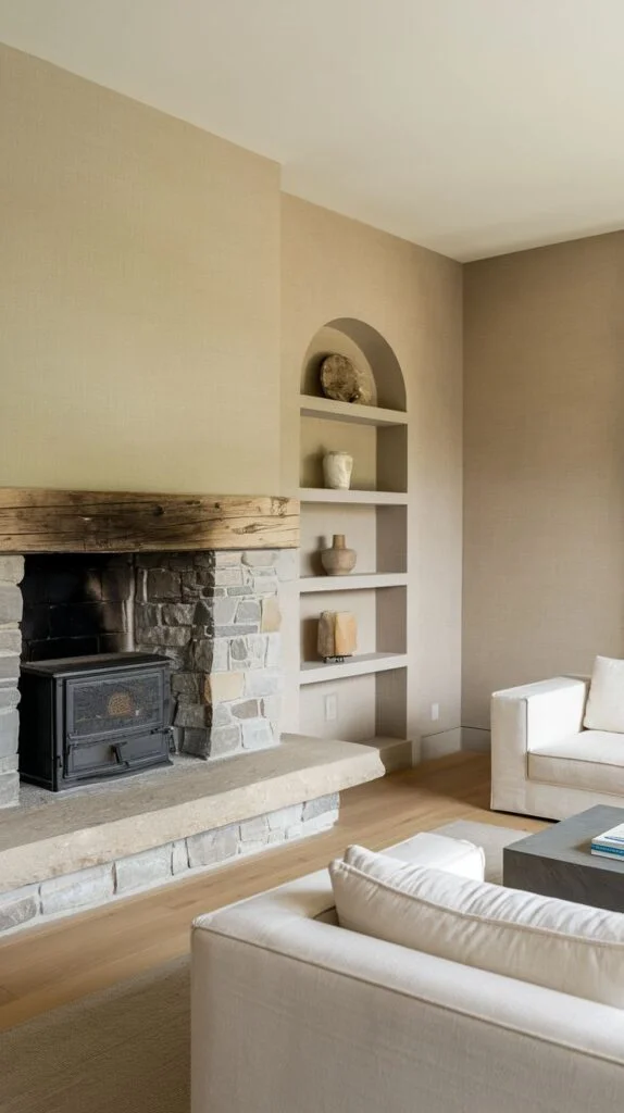Dark stone fireplace with wood stove and rustic wooden mantel