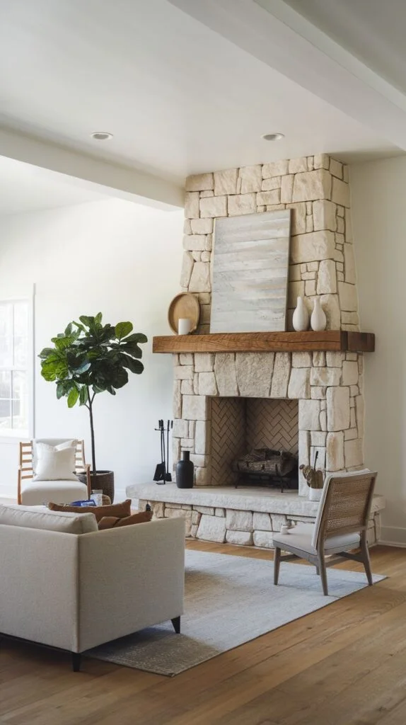 Light stone fireplace with rustic wooden mantel and open layout