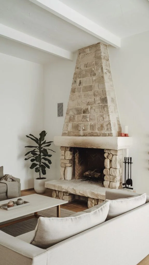 Tall tapered stone fireplace with large multi-level hearth