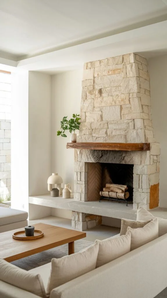 Light stone fireplace with tapered chimney and floating stone hearth