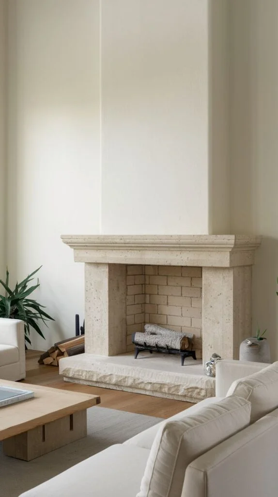 Elegant minimalist stone fireplace with traditional mantel design