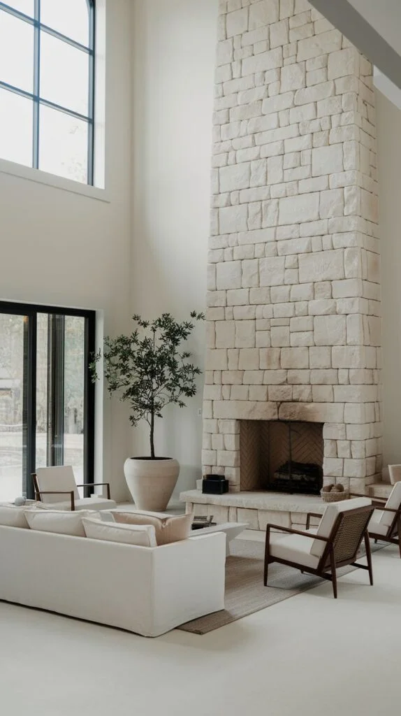 Grand tall stone fireplace with high ceiling and large windows