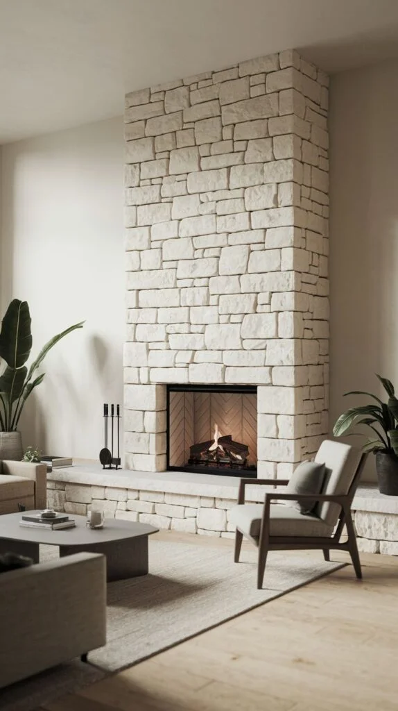 Light stone fireplace with herringbone firebox and minimalist decor