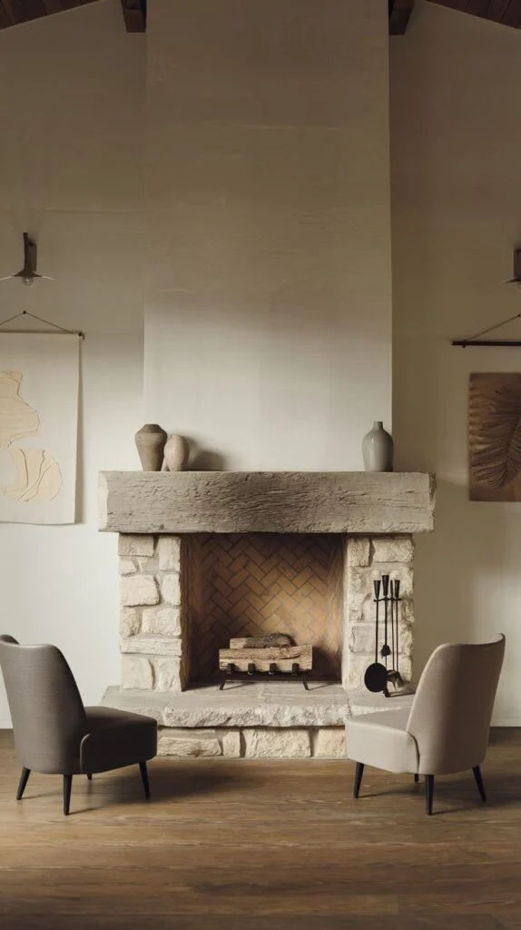 Light stone fireplace with rugged wooden mantel and warm flooring