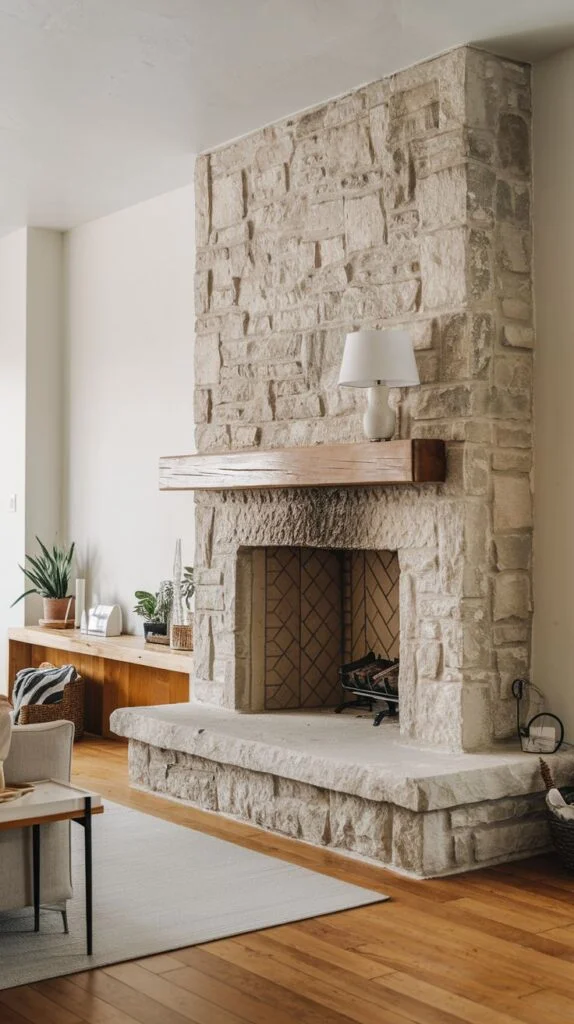 Light stone fireplace with wooden mantel and multi-level hearth