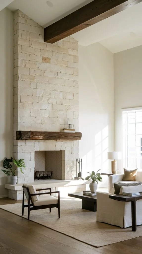 Tall stone fireplace with rustic wooden mantel and high ceiling
