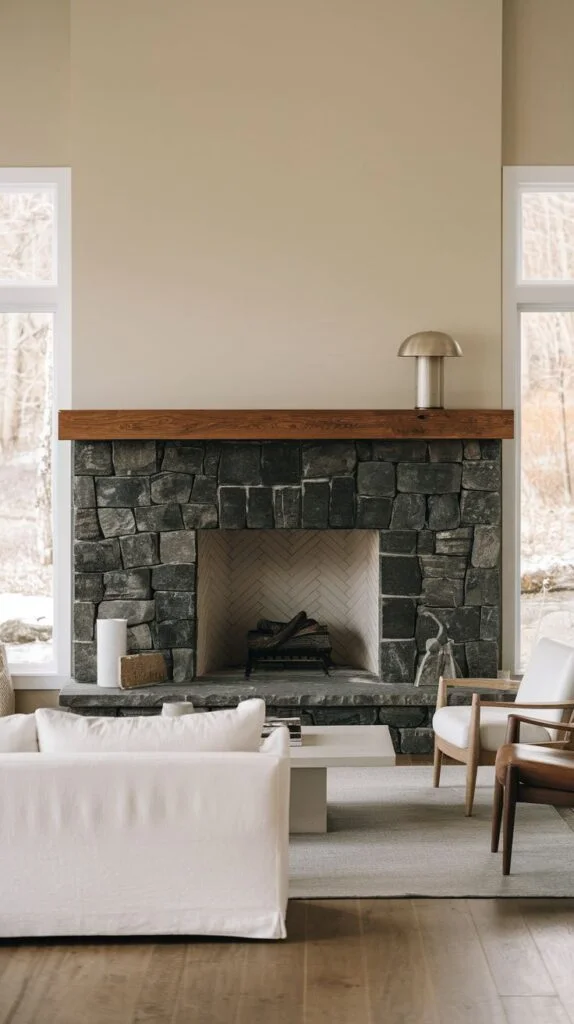 Dark stone fireplace with wooden mantel in bright living room