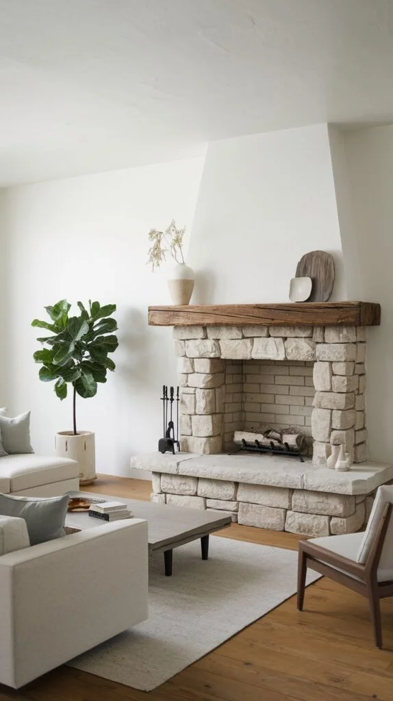 Light stone fireplace with rustic wooden mantel and arched opening