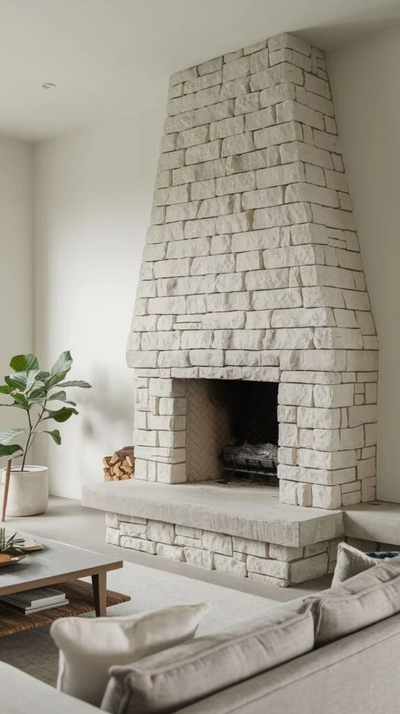 Light stone tapered fireplace with integrated mantel and minimalist decor