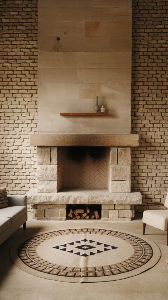 Light stone fireplace with stone mantel, wooden shelf, and integrated log storage