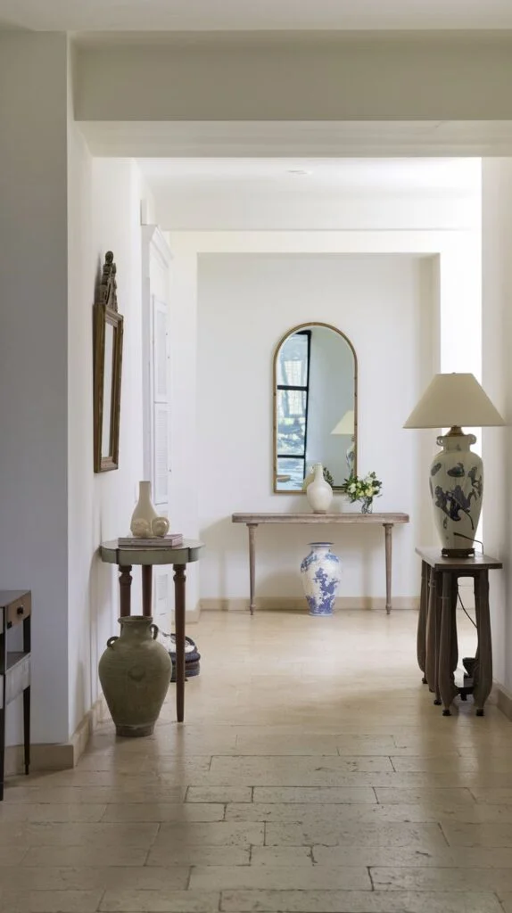Bright French hallway with light stone floor, arched mirror, console tables with floral decor, and patterned lamp