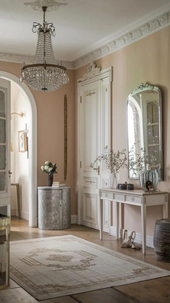 French hallway with peach walls, crystal chandelier, white console, silver-framed mirror, and patterned rug