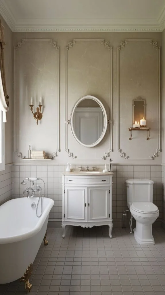 French bathroom with white clawfoot tub, decorative wall paneling, white vanity, and gold sconces