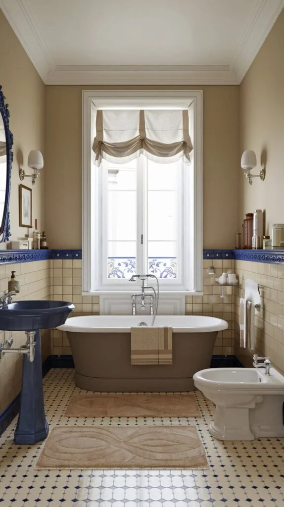 French bathroom with blue pedestal sink, freestanding bathtub, patterned tiled floor, and large window