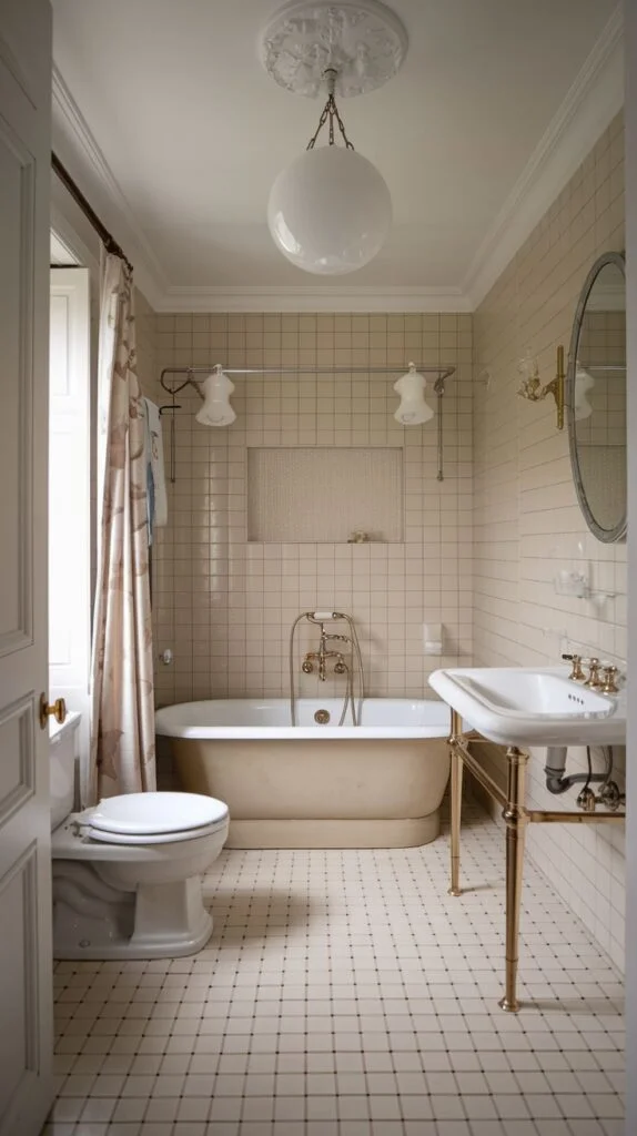 Small French bathroom with beige tiled walls, freestanding tub, brass fixtures, and pendant light