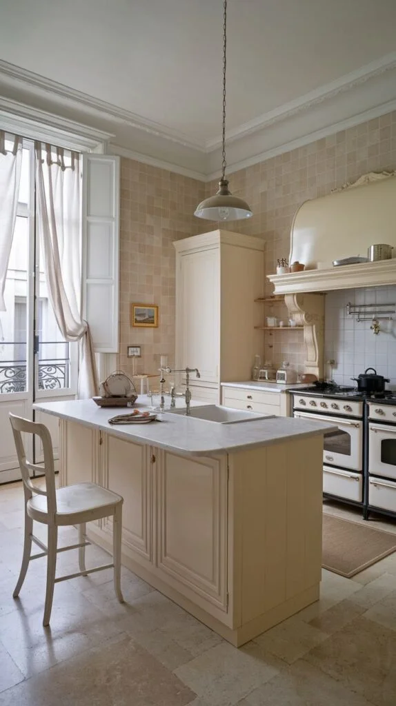 Light French kitchen with cream island, marble countertop, range cooker, and large window