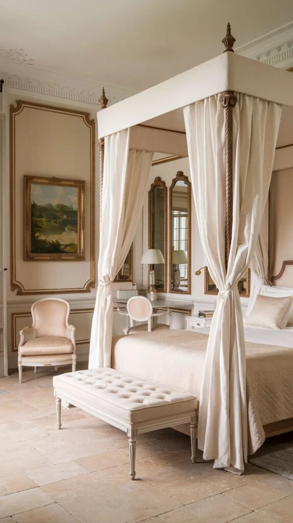 French bedroom with grand four-poster bed, tufted bench, upholstered armchair, and dressing table