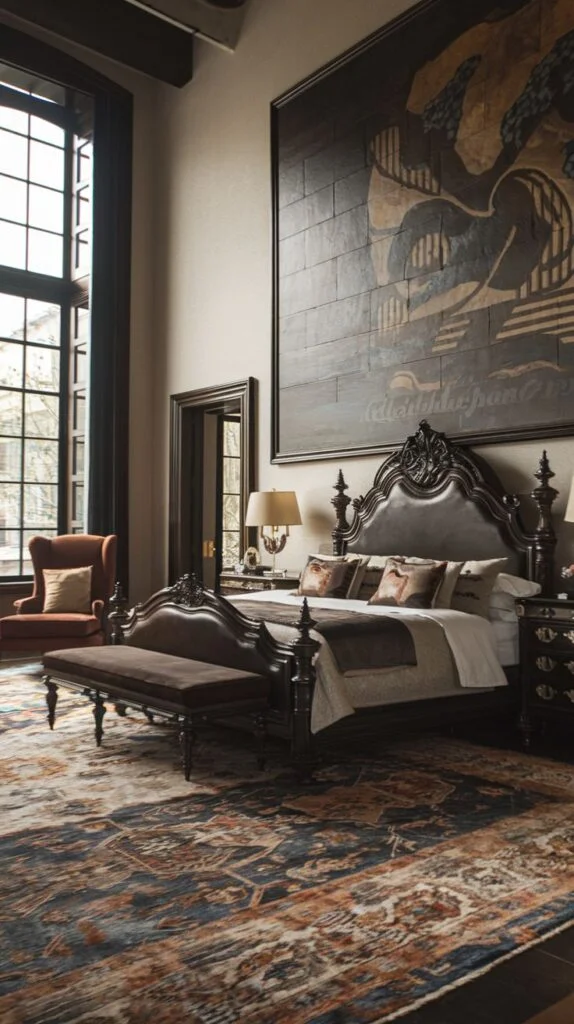 King bedroom with industrial windows and large abstract wall art