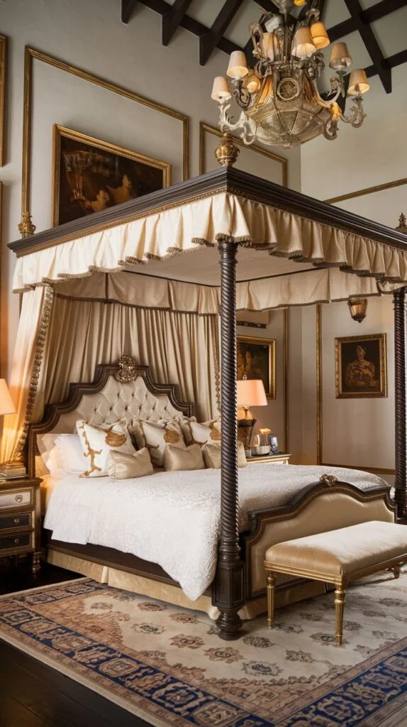 Luxurious four-poster king bed with tufted headboard and chandelier