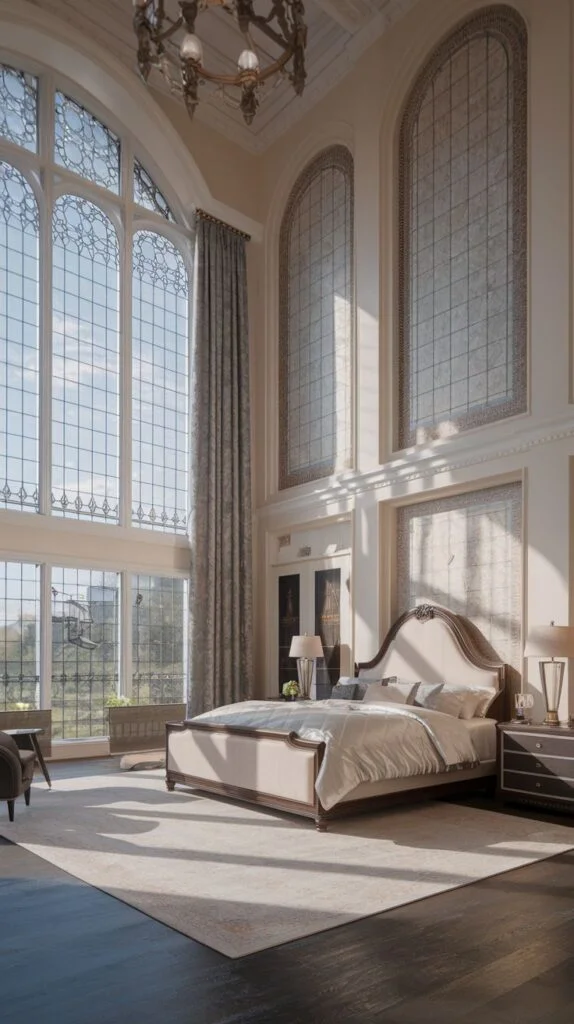 Bright king bedroom with arched windows and light upholstery