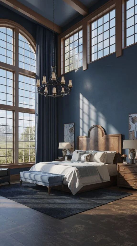 Modern king bedroom with deep blue walls and light wood bed
