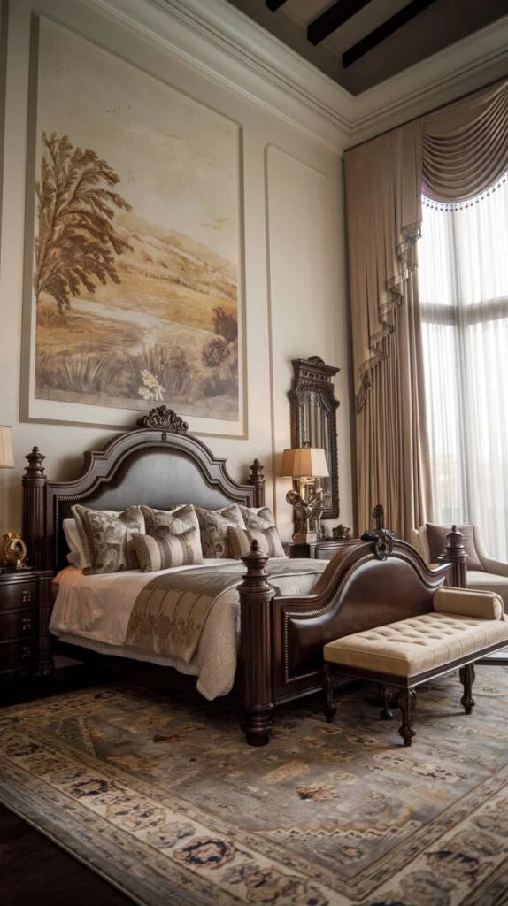 Rustic king bedroom with landscape mural and dark wood furniture