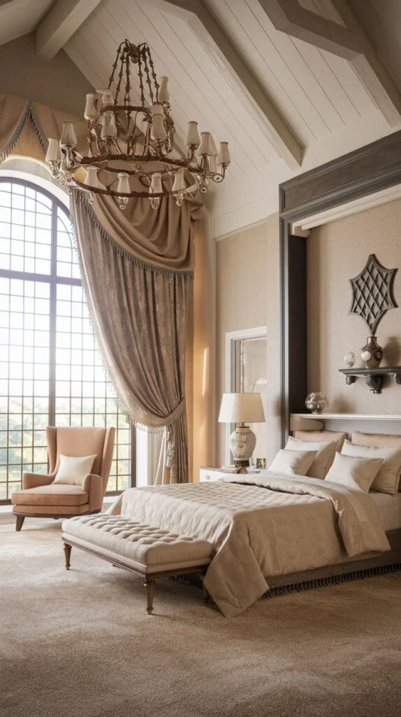 Soft toned king bedroom with arched window and chandelier