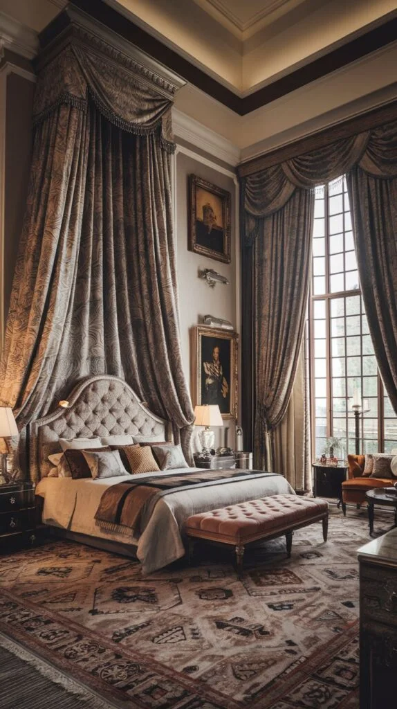 King bedroom with dramatic canopy draping and tufted headboard