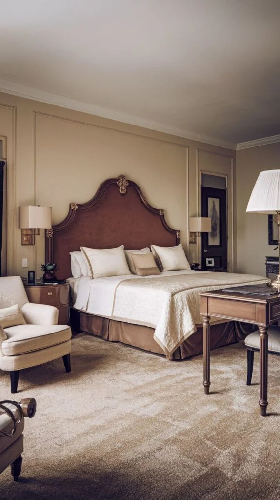 Expansive king bedroom with plush carpet and traditional furniture