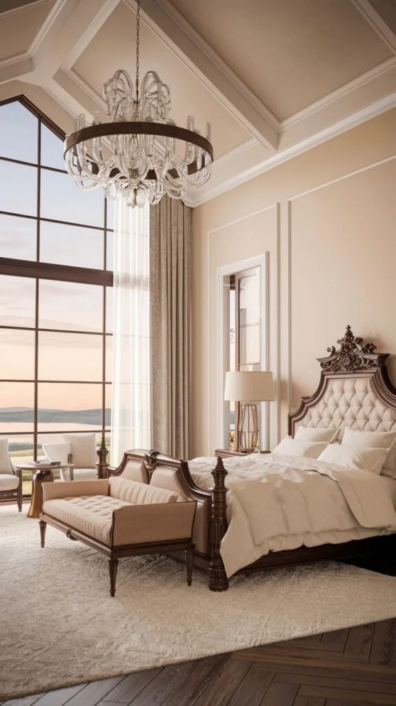 Modern king bedroom with panoramic window and light upholstery