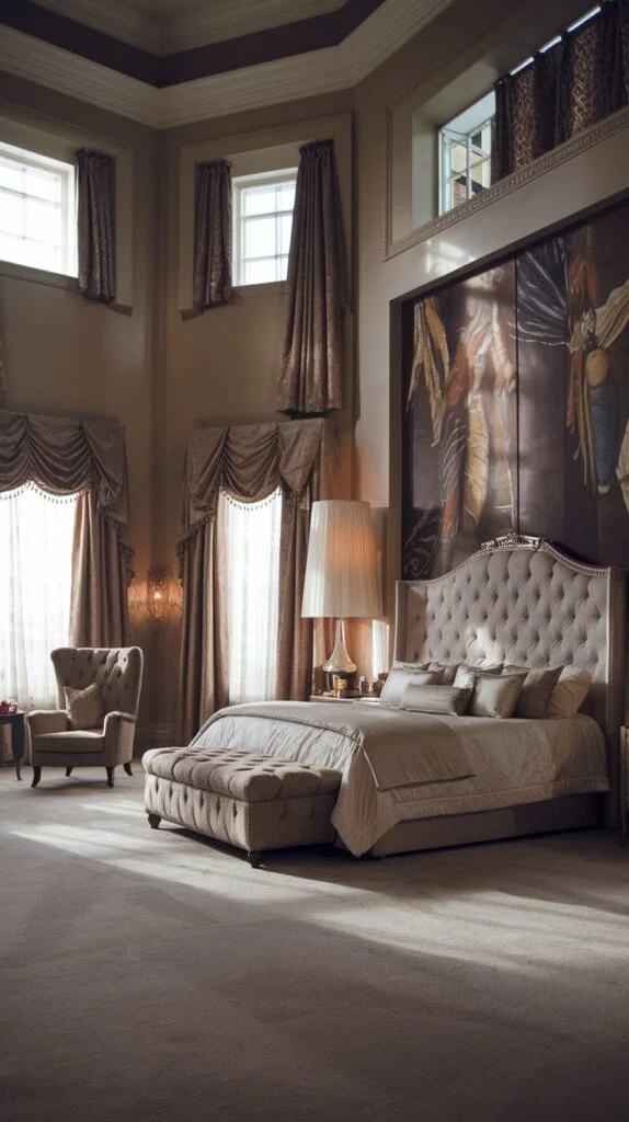 Lofty king bedroom with high ceilings and bold abstract painting
