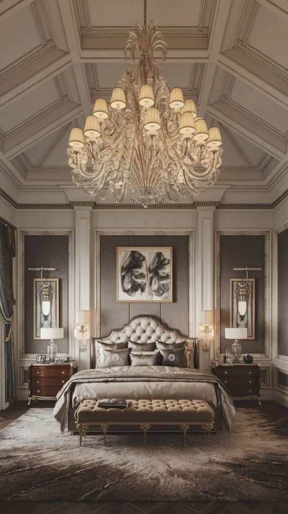 Opulent king bedroom with grand crystal chandelier and tufted headboard
