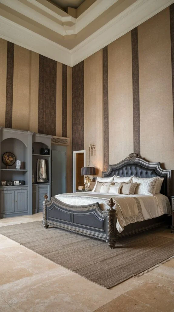 King bedroom with bold striped walls and carved wood bed