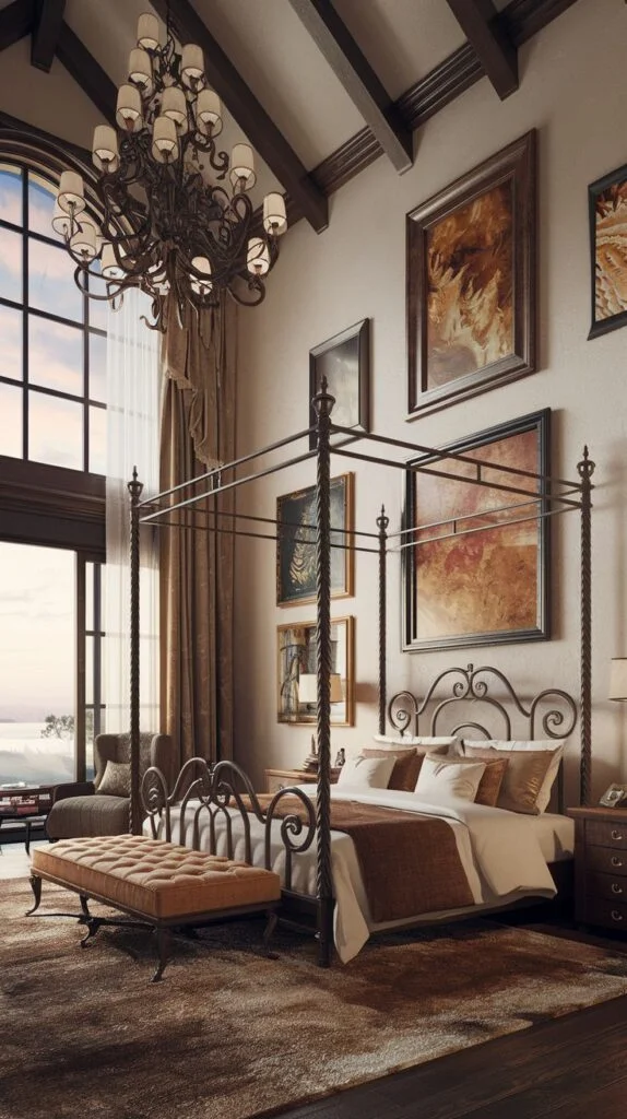 Artistic king bedroom with wrought iron bed and modern art