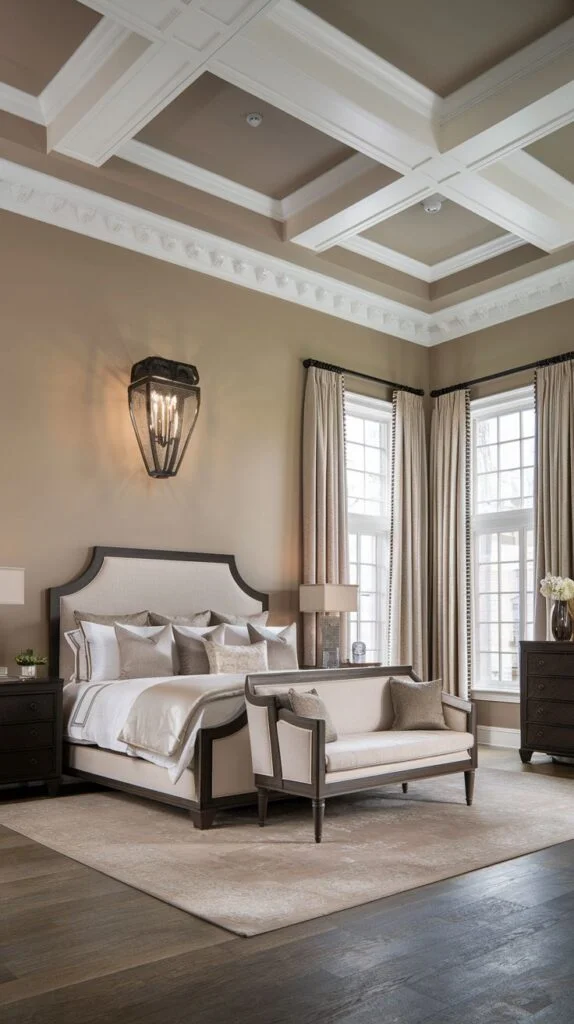Modern classic king bedroom with coffered ceiling and upholstered bed