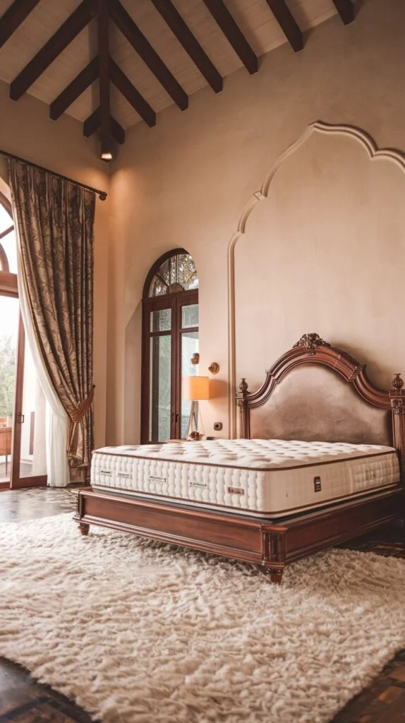 Rustic king bedroom with vaulted ceiling and exposed beams