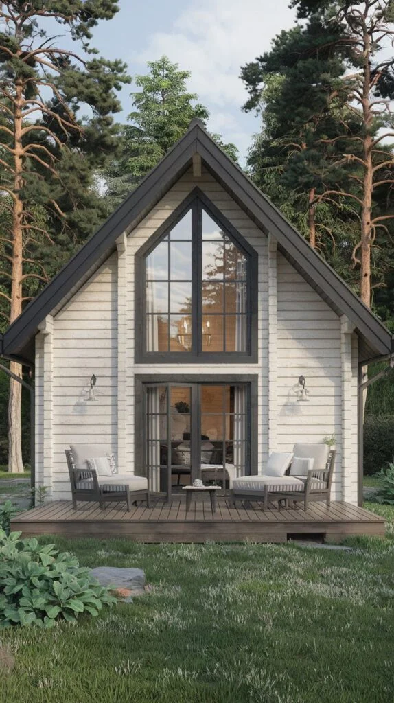 A Scandinavian cottage featuring white wooden siding, a prominent A-frame window, a dark roof, and a front deck with outdoor furniture, set among tall pine trees.