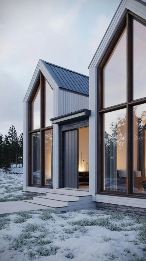 A modern Scandinavian cottage complex with multiple white-sided structures featuring tall, narrow A-frame windows and a grey roof, set in a winter landscape with light snow and pine trees.