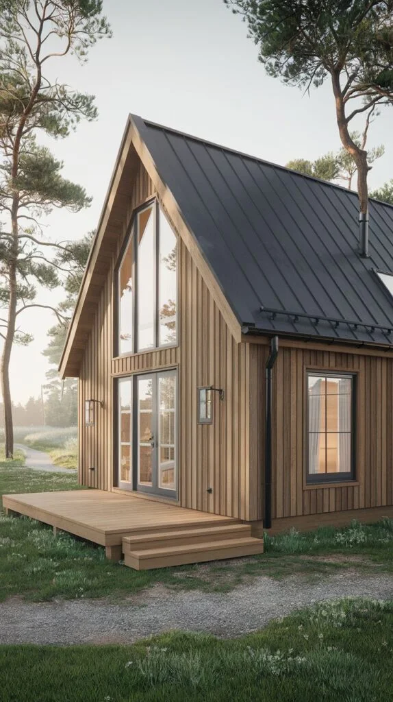 Side view of a Scandinavian cottage with natural wooden siding, a large A-frame window, and a dark metal roof, complemented by a spacious wooden deck and a path leading into the forest.