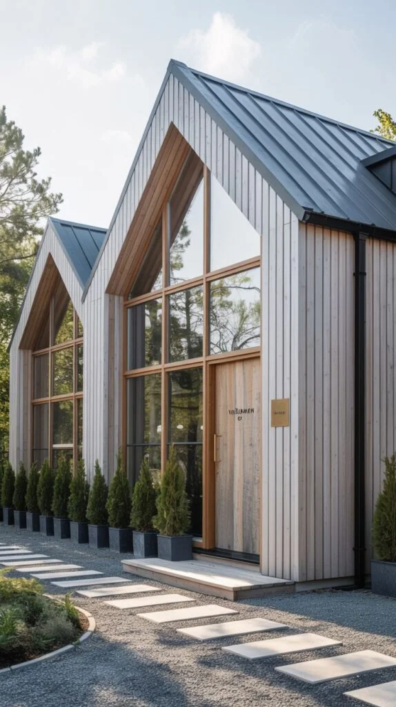 A stylish Scandinavian cottage with light wooden siding, multiple large A-frame windows, and a grey roof, accessed by a stepping stone path lined with potted evergreen plants.