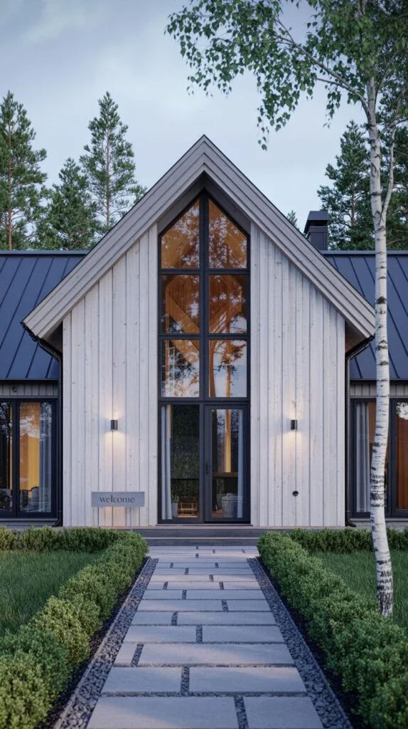 Front view of a white Scandinavian cottage with board and batten siding, a striking tall A-frame window, a dark roof, and a structured garden path leading to the entrance with a'welcome' sign.