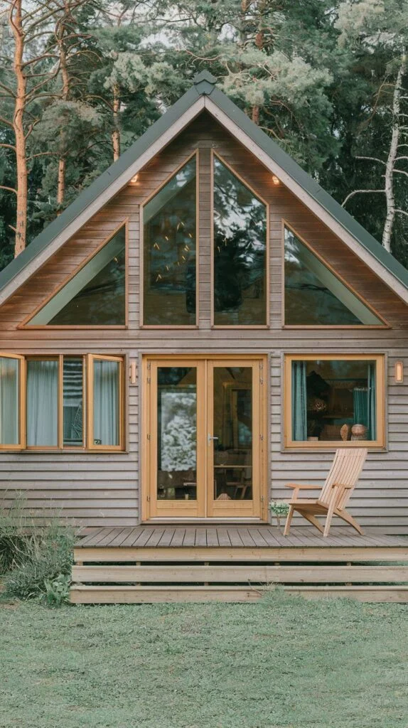 A rustic Scandinavian cottage with grey wooden siding, a distinctive A-frame front featuring multiple triangular windows, and a traditional thatched roof, with a wooden deck and an outdoor chair.