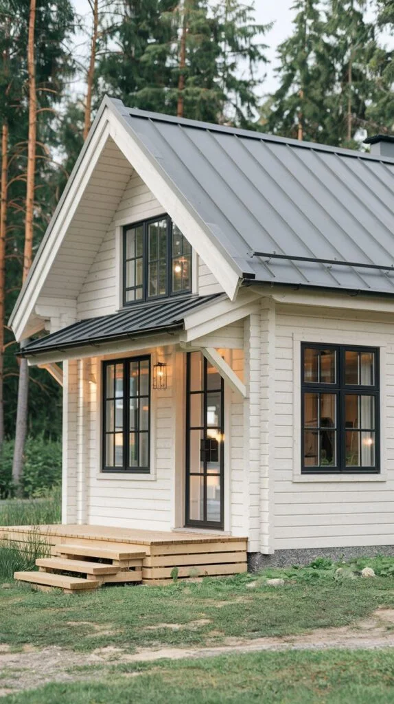 A charming white Scandinavian cottage with black-framed windows, a grey metal roof, and a small wooden porch with steps, surrounded by green grass and trees.