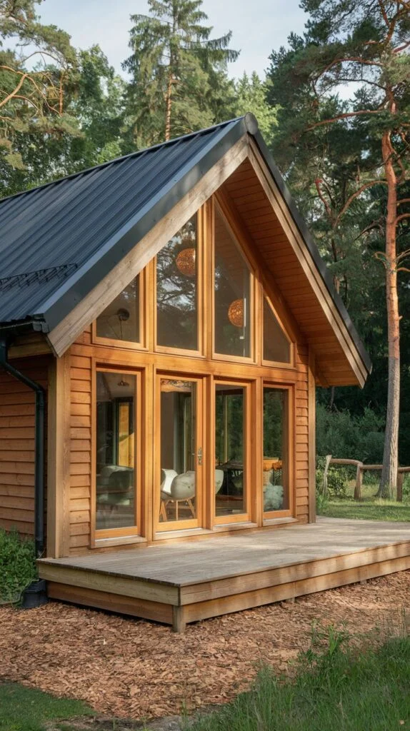 A striking Scandinavian cottage with natural wood siding and an expansive glass front featuring large A-frame windows, complemented by a wide wooden deck and a dark metal roof, nestled among trees.