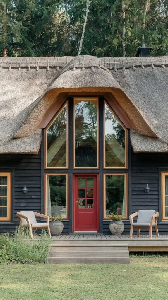 A unique Scandinavian cottage featuring dark wooden siding, a grand A-frame window with a grid pattern, and a traditional thatched roof, with a bright red front door and a deck with outdoor chairs.