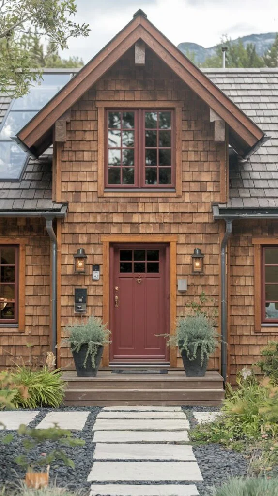 A warm-toned Scandinavian cottage with cedar shingle siding, a distinctive red front door, and a dormer window, approached by a stepping stone path flanked by potted plants.