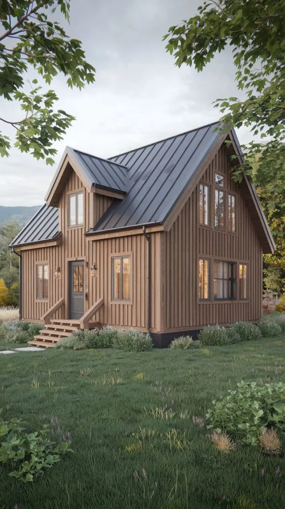 A cozy Scandinavian cottage with dark vertical wooden siding, multiple windows, and a dark metal roof, nestled in a landscape with trees and distant mountains.